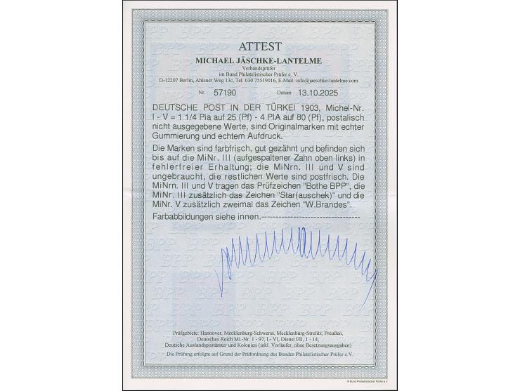 Amtlich nicht ausgegeben: 1902, 1¼ Piaster auf 25 Pfg. bis 4 Piaster auf 80 Pfg. mit abweichenden Schrifttypen beim Aufdruck.