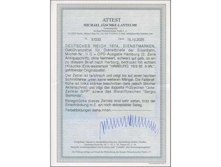 1874, Eisenbahn-Gebührenzettel der OPD Hamburg “Frei laut Entschädigungs-Conto” (2. Zeile Antiquaschrift) schwarz auf gelb, d