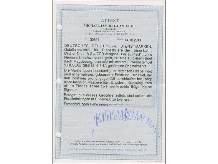 1874, Eisenbahn-Gebührenzettel der OPD Breslau “Frei laut Entschädigungs-Conto” schwarz auf gelb, oben lupenrandig, ansonsten