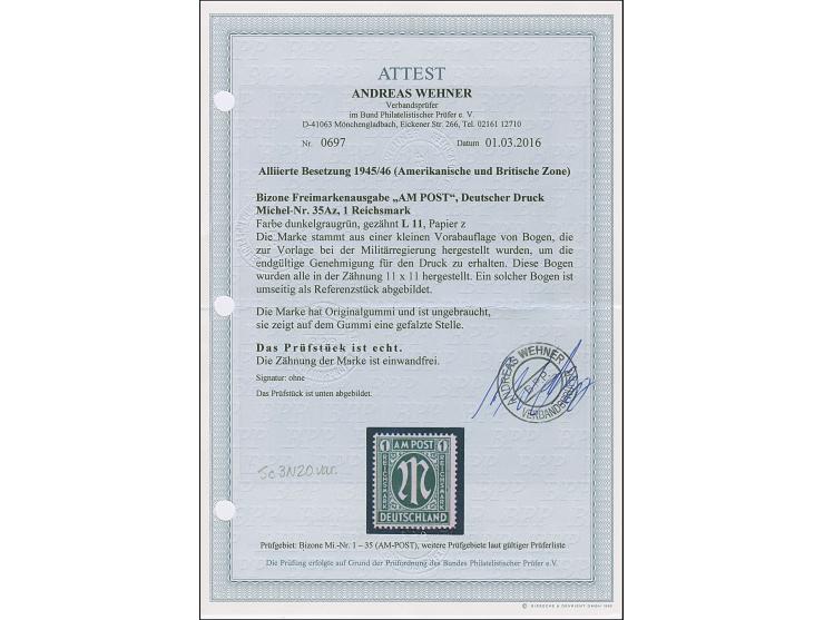 1945, AM-Post 1 M. mit abweichender Zähnung L11, ungebraucht und in tadelloser Erhaltung. Die Marke stammt aus einem Bogen ei