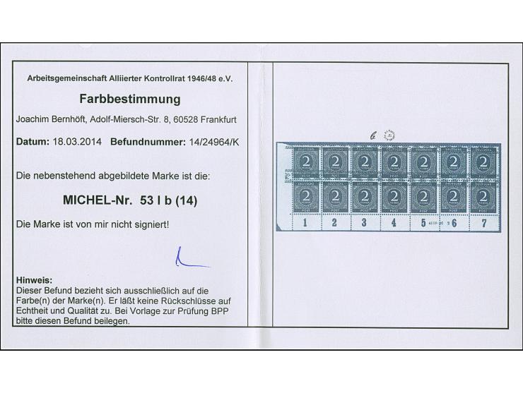 1948, Band auf Ziffer 2 Pfg. schwarz im Unterrand-Viererblock mit HAN “4118.46 2”, postfrisch, die rechte obere Marke ist ung