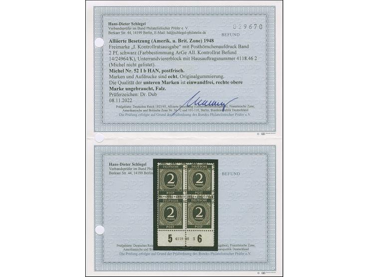 1948, Band auf Ziffer 2 Pfg. schwarz im Unterrand-Viererblock mit HAN “4118.46 2”, postfrisch, die rechte obere Marke ist ung