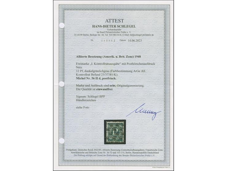 1948, Netz auf Ziffer 12 Pfg. dunkelgrünlichgrau, postfrisch und in tadelloser Erhaltung. Eine außerordentlich seltene Farbe,