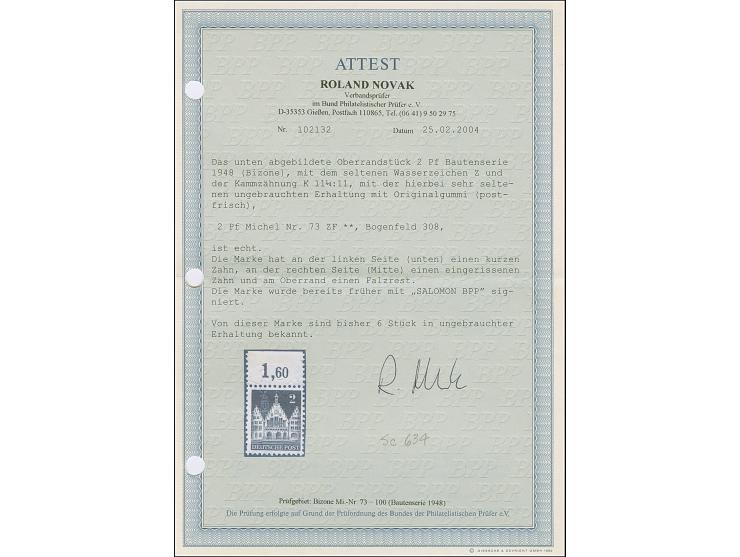 1948, Bauten 2 Pfg. gezähnt K 11¼ : 11 und Wasserzeichen 1 Z, Oberrandstück (Feld 308, mit Falzrest im Oberrand), die postfri