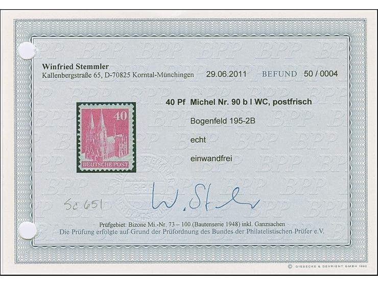 40 Pfg. lebhaftlilapurpur, Type I, gezähnt L 11½ und Wasserzeichen 1W (Bogenfeld 195-2B), postfrisch und in tadelloser Erhalt
