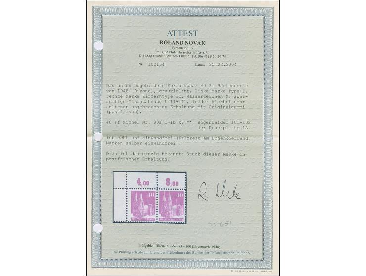 40 Pfg. grauviolett, Type I und Type Ib, gezähnt L 11½ : 11 und mit Wasserzeichen 1X im waagerechten Paar aus der linken ober