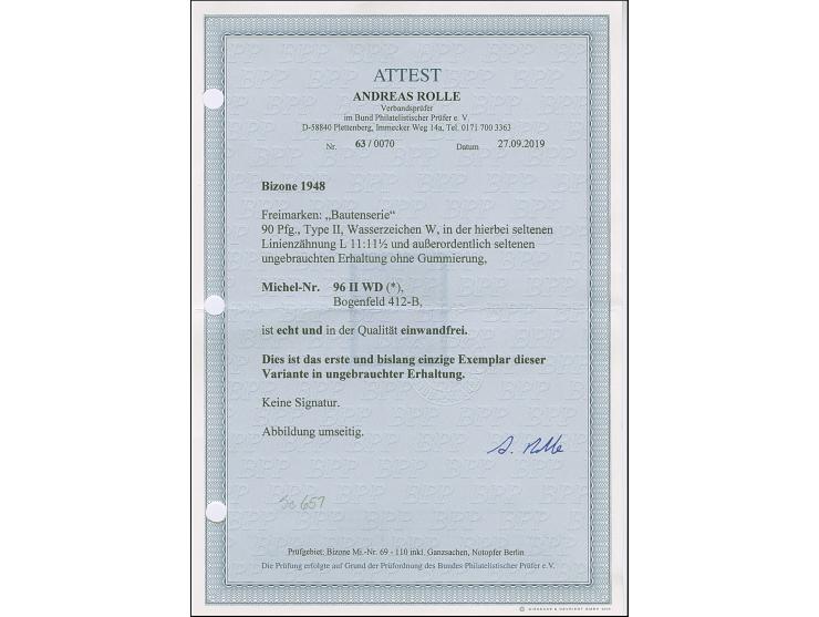 90 Pfg. lilapurpur, Type II, gezähnt L 11 : 11½ und mit Wasserzeichen 1W (Bogenfeld 412-B), ungebraucht ohne Gummierung und i