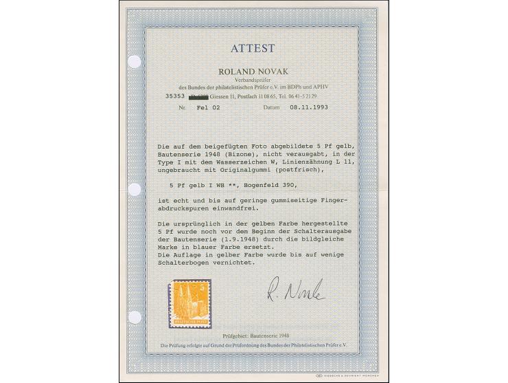 Nicht ausgegeben: 1948, Bauten 5 Pfg. gelb, Type I, gezähnt L 11 und mit Wasserzeichen 1W (Bogenfeld 390). Die postfrische Ma