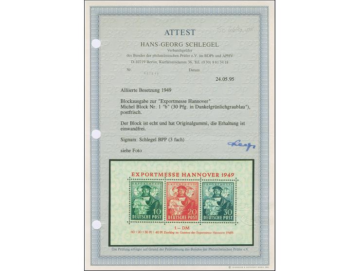 1949, Exportmesse Hannover-Block mit 30 Pfg. dunkelgrünlichgraublau, postfrisch und in einwandfreier Erhaltung, dreifach sign