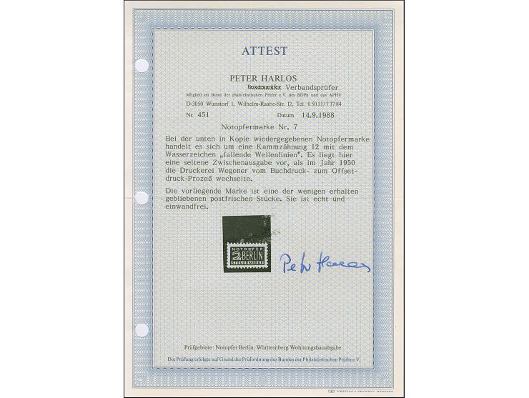 1950, Notopfer 2 Pfg. blau, gezähnt K 12 und mit Wasserzeichen 3X, postfrisch und in tadelloser Erhaltung. Ein sehr schönes E