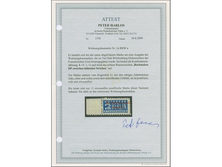 2 Pfg. (dunkel)blau gezähnt L 11¾ : K 14 : &nbsp;K14 : K 14 &nbsp;mit rotem Aufdruck und Wasserzeichen 1W &nbsp;Randstück (Fe