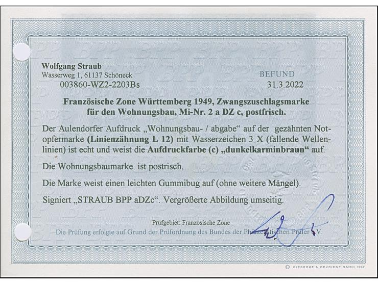 2 Pfg. (dunkel)blau gezähnt L 11¾ und mit Wasserzeichen 3X, drei Exemplare mit den Aufdruckfarben rot, dunkelkarminrot und Ka