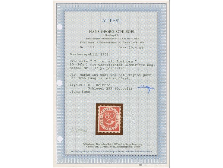 Posthorn 80 Pfg. mit Wasserzeichen 4Y, postfrisch, in einwandfreier Erhaltung, signiert H (Heinze) und doppelt signiert Schle