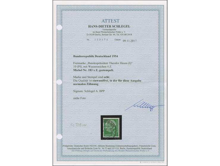 1954, Heuss 10 Pfg. mit Wasserzeichen 4 Z, sauber gestempelt und normal gezähnt, in einwandfreier Erhaltung. Ein sehr schönes