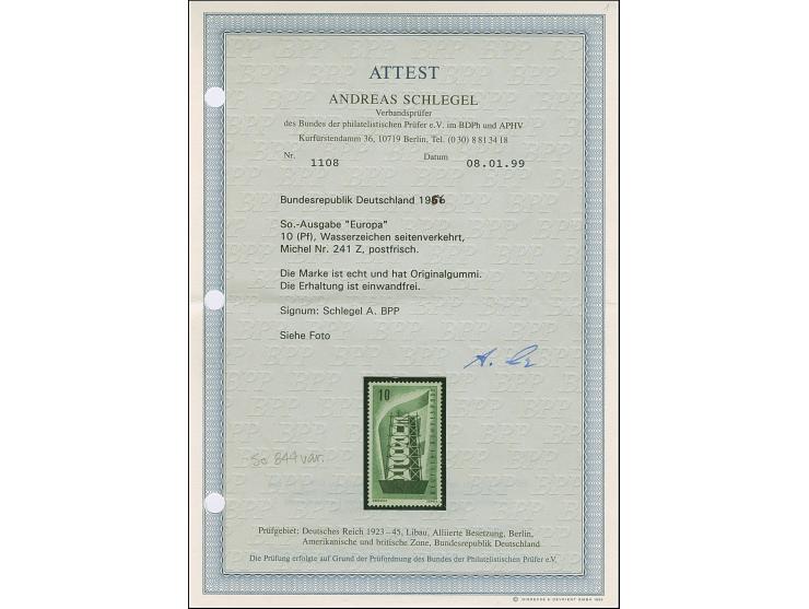 1956, Europa 10 Pfg. mit seitenverkehrtem Wasserzeichen, postfrisch und in tadelloser Erhaltung, signiert A. Schlegel BPP mit
