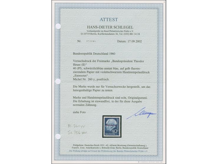 1960, Heuss II 40 Pfg. schwärzlichblau auf gelb fluoreszierendem Papier mit violettschwarzem Handstempel “Entwertet”, postfri