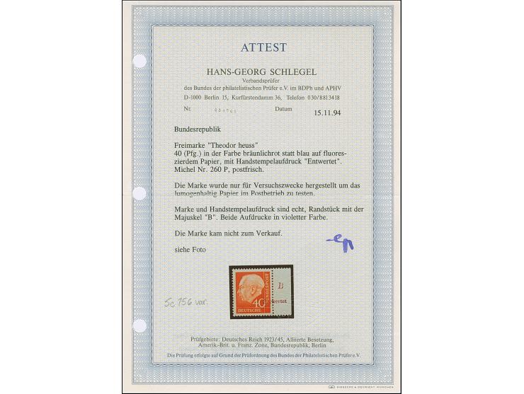 1960, Heuss II 40 Pfg. Probedruck in Bräunlichrot auf fluoreszierendem Papier, Randstück mit Handstempel “Entwertet” und “B”,