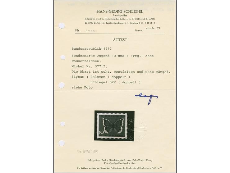 1962, Schmetterlinge 10 Pfg. ohne Wasserzeichen, postfrisch mit Farbspuren, in einwandfreier Erhaltung, jeweils doppelt signi
