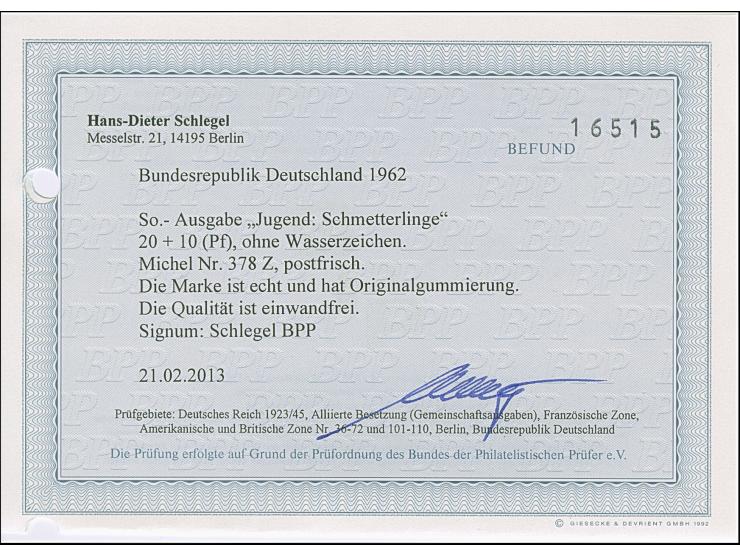 1962, Schmetterlinge 20 Pfg. ohne Wasserzeichen, postfrisch und in einwandfreier Erhaltung, signiert Schlegel BPP und Fotobef