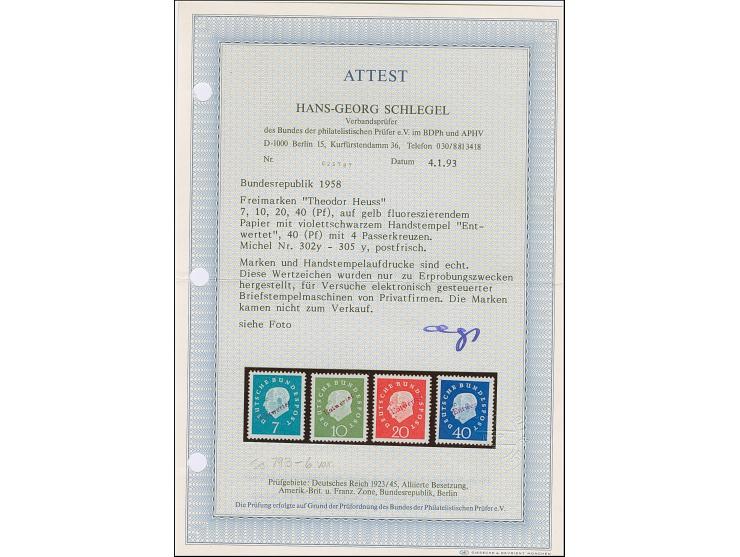 1959, Heuss III 7-40 Pfg. auf gelb fluoreszierendem Papier und Handstempel “Entwertet”, postfrisch und in einwandfreier Erhal