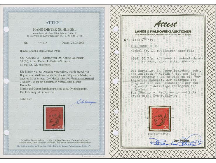 1968, unverausgabte Adenauer” 30 Pfg. in Rot mit Handstempel “Muster”, postfrisch und in tadelloser Erhaltung. Ein schönes Ex