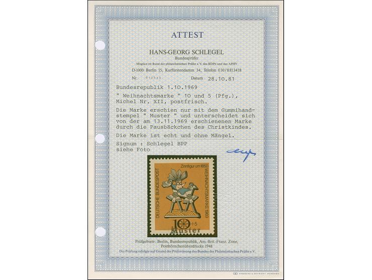 1969, unverausgabte Weihnachten 10 Pfg. ,sogenannte Pausbäckchen-Marke, mit Handstempel “Muster”, postfrisch und in einwandfr