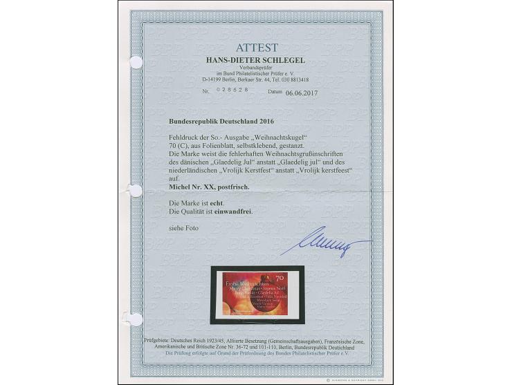 2016, unverausgabte Weihnachtskugel 70 C. mit fehlerhafter Inschrift “Kerstfest und Jul”, selbstklebend, postfrisch auf Träge