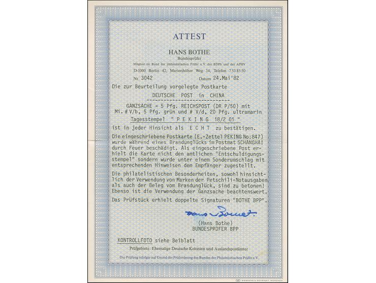 1900, Germania Reichspost 5 und 20 Pfg. je mit mit EKr. “PEKING 18.2.01” auf Ganzsachenkarte Reichspost 5 Pfg. als R-Karte mi