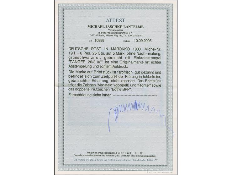 1900/03, 6 Pes. 25 cts auf Reichspost 5 M., Type I ohne Nachmalung mit Stempel “TANGER (MAROCCO) DP 26.3.02” auf Briefstück. 