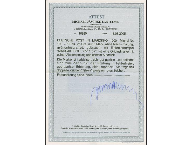 1900/03, 6 Pes. 25 cts auf Reichspost 5 M., Type I ohne Nachmalung mit Stempel “MARRAKESCH 27.11.02”, in tadelloser Erhaltung