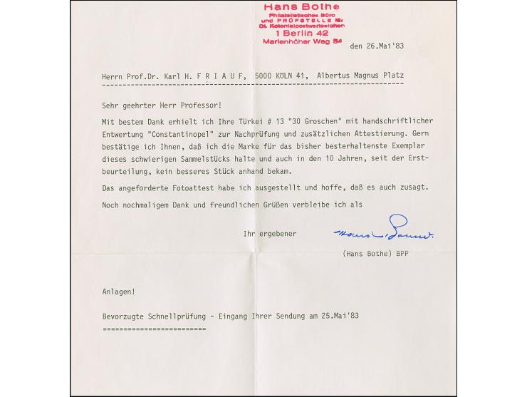 1872, Innendienst 30 Gr. (grau)ultramarin mit kopfstehender handschriftlicher Entwertung “Constan-tinopel 12/9.73”. Die farbf