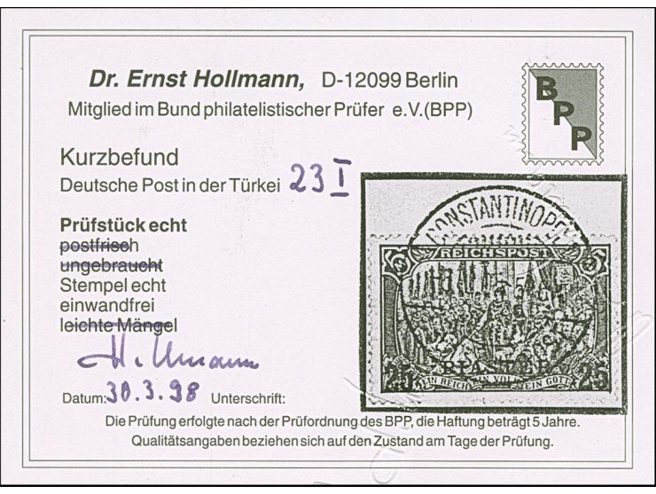 1900/04, 25 PIA auf Reichspost 5 M. , Type I ohne Nachmalung, klar mit Stempel “CONSTANTINOPEL DP 6.12.05” auf Briefstück, in