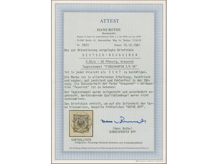 1890, Krone/Adler 50 Pfg. lebhaftbräunlichrot mit EKr. “FINSCHAFEN 2.9.90” auf Briefstück. Die Marke mit kurzem Zahn unten re