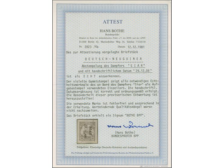 “Siar”, violetter L1 mit handschriftlichem Datum “29.12.08” auf Kaiseryacht 10 Pfg. auf Briefstück, in einwandfreier Erhaltun