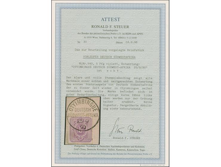 1888, 5 Pfg. violettpurpur mit klarem Stempel “OTYIMNGUE DSWA 15.9.90” auf Briefstück. Die Marke mit wenigen verkürzten Zähne