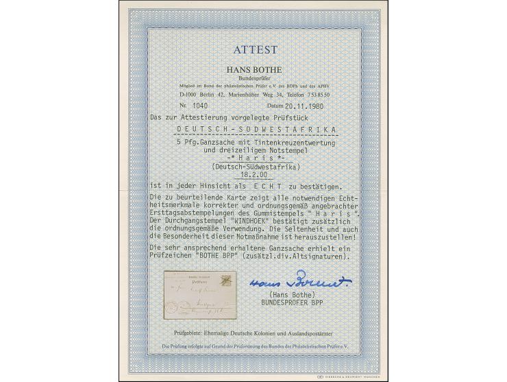 “Haris (Deutsch-Südwestafrika) 18.2.00” violetter L3 klar auf Ganzsachenkarte Ausgabe 1898 5 Pfg. mit Federstrich-Entwertung 