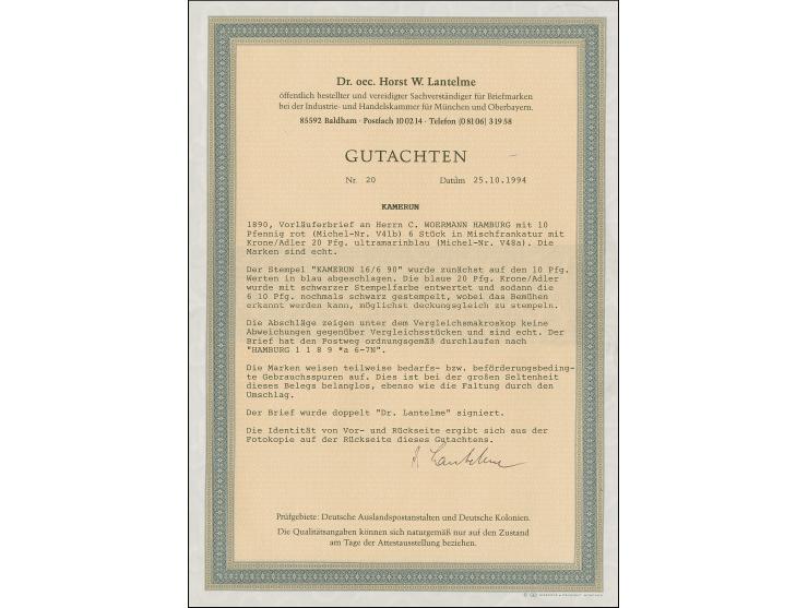 1888, 10 Pfg. dunkelrosarot, drei waagerechte Paare in Mischfrankatur mit Krone/Adler 20 Pfg. mittelultramarin je mit Stempel