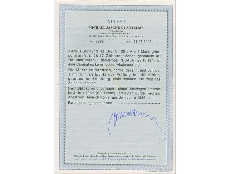 1913, Friedensdruck Kaiseryacht &nbsp;5 M. mit Wasserzeichen, mit zwei Stempeln “DUALA KAMERUN 23.10.13”, in tadelloser Erhal