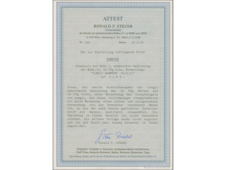 1911, Longji-Provisorium Kaiseryacht 20 Pfg. senkrecht halbiert mit Stempel “LONGJI KAMERUN 19.5.11” auf Vordruckbrief der Fi