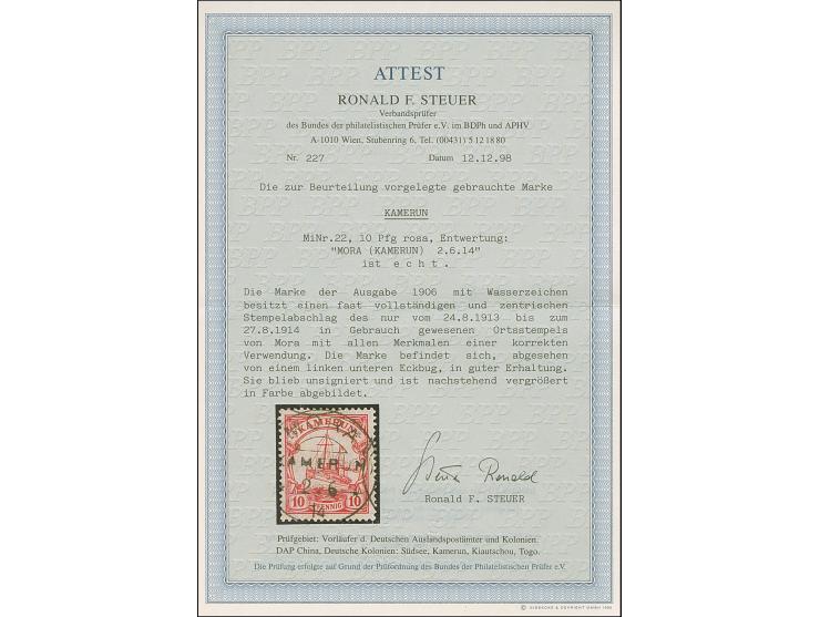 “MORA (KAMERUN) 2.6.14” sehr klar auf loser Marke Kaiseryacht 10 Pfg, mit Wasserzeichen. Die Marke mit kleinem Eckbug, sonst 