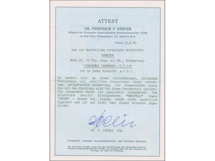 “IKELEMBA (KAMERUN) 12.7.” sehr klar und komplett auf Kaiseryacht 10 Pfg. mit Wasserzeichen auf Briefstück in tadelloser Erha