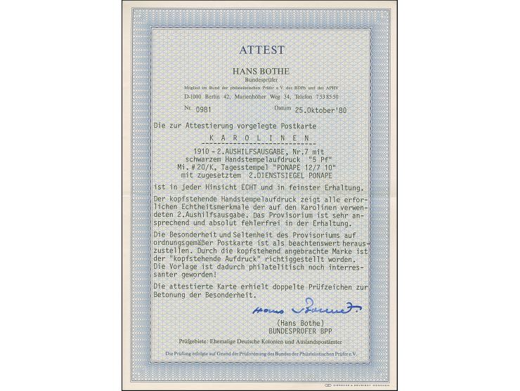 1900, 2. Ponape-Provisorium 5 Pf auf 3 Pfg. mit kopfstehendem Aufdruck mit Stempel "PONAPE (KAROLINEN 12.7.10) auf Ansichtska