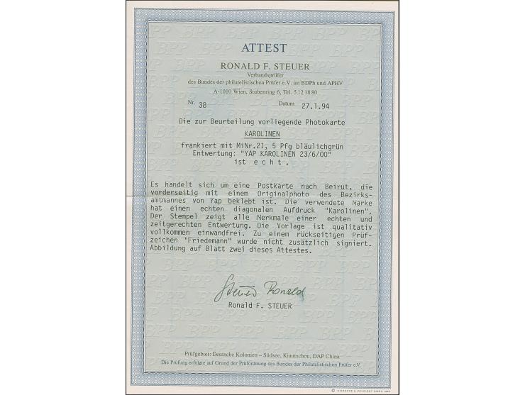 1899/1900, Diagonalaufdruck 5 Pfg. mit Stempel “YAP KAROLINEN 23.6.00” auf Postkarte mit rückseitig aufgeklebtem Foto vom Bez