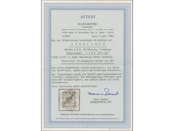 1899/1900. Diagonalaufdruck 50 Pfg. mit Stempel “YAP KAROLINEN 6.11.99” (Sorte II) auf Briefstück. Die farbfrische Marke ist 