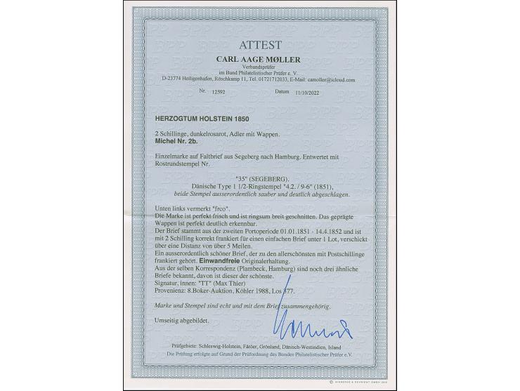 2 Sch. dunkelrosarot, schöne tiefe frische Farbe und allseits gleichmäßig breitrandig, mit glasklar aufgesetztem Roststempel 