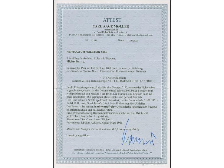 1850,1 Sch. dunkelblau im senkrechten Paar, schöne tiefe Farbe und breit-bis überrandig, unten mit kleinem Teil der Nachbarma