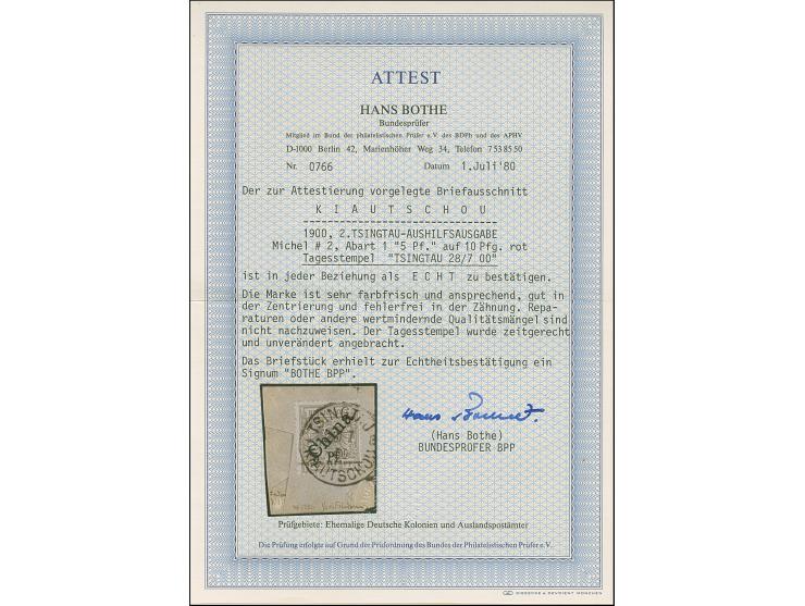 1900, 5 Pf auf 10 Pfg. mit diagonalem Aufdruck, Aufdrucktype 1, klar mit Stempel “TSINTAU KIAUTSCHOU *a 28.7.00” auf Briefstü