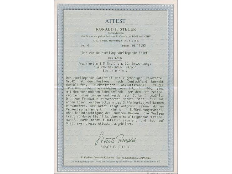 1899/1900, Diagonalaufdruck 3-50 Pfg. komplett je mit Stempel “SAIPAN MARIANEN 1.4.oo” auf überfrankiertem R-Brief nach Alzey