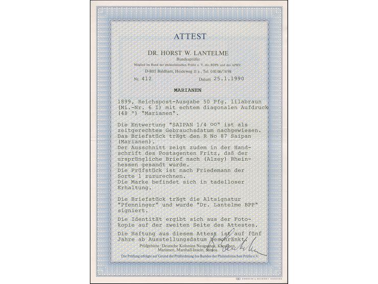 1899/1900, Steilaufdruck 50 Pfg. mit Stempel “SAIPAN MARIANEN 1.4.oo” auf Briefstück mit R-Zettel “Saipan”. Die farbfrische M