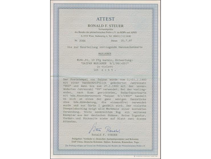 “SAIPAN MARIANEN 9.1.99” (1900), violetter Stempel klar auf Aufdruck-Ganzsachenkarte 10 Pfg. mit englischem Text an eine Kapi